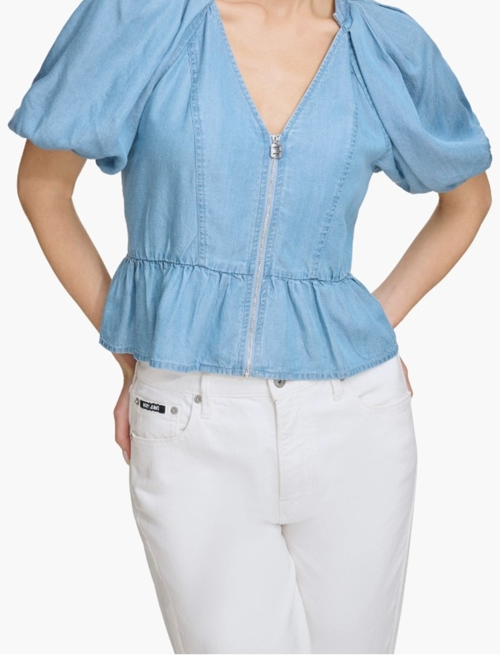 DKNY  Peplum Denim Chambray Top - Front Zip, Puff Sleeves